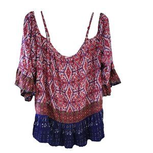 Beachlunchlounge Sz L Multicolor Floral Strappy OTS Bell Sleeve Pullover Blouse